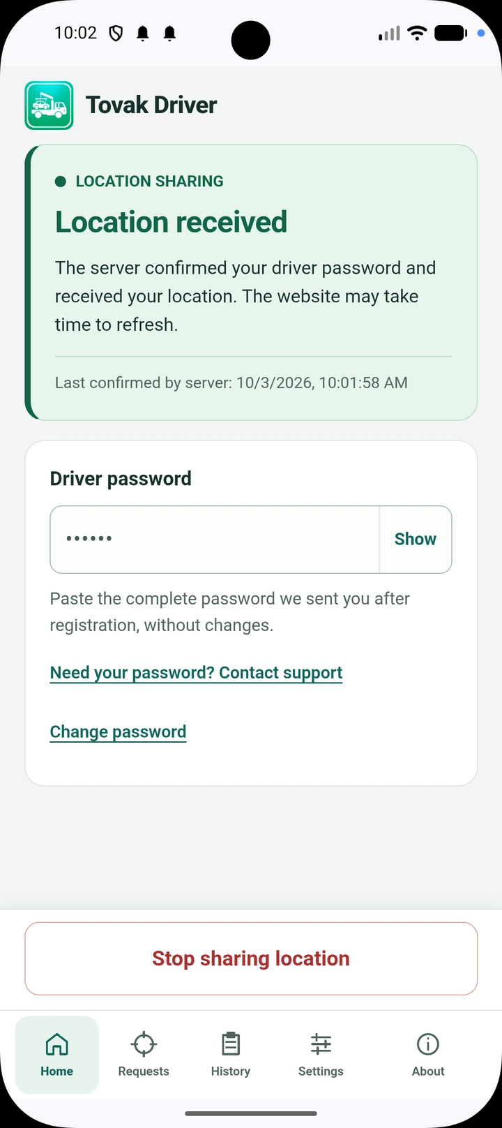Tovak Driver: Location sharing